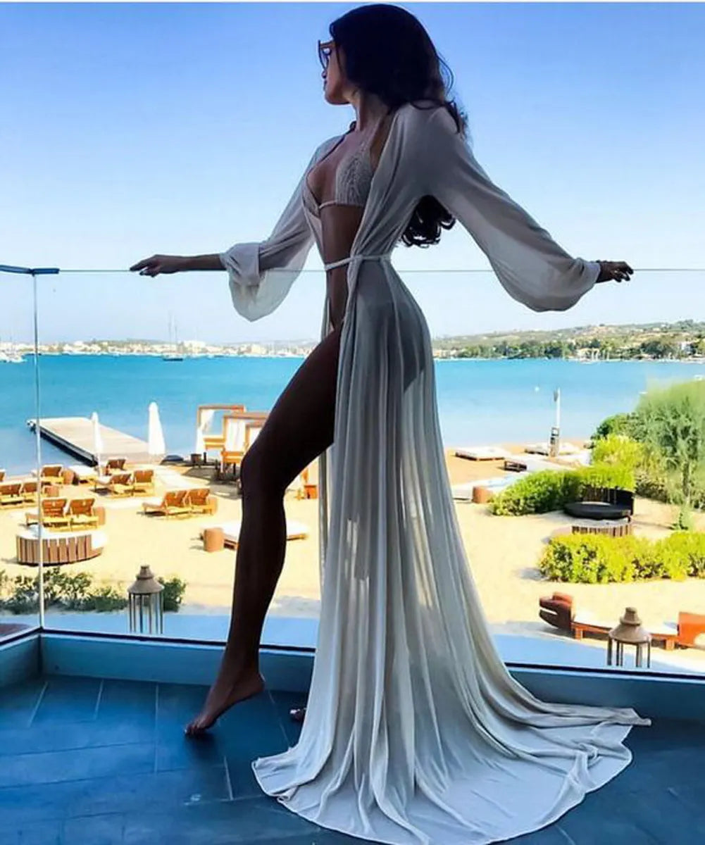 Summer New Hot Sale Women Chiffon See-Through Bikini Long Cover Up Swimsuit Swimwear Beach Dress Bathing Suit Cover-Ups