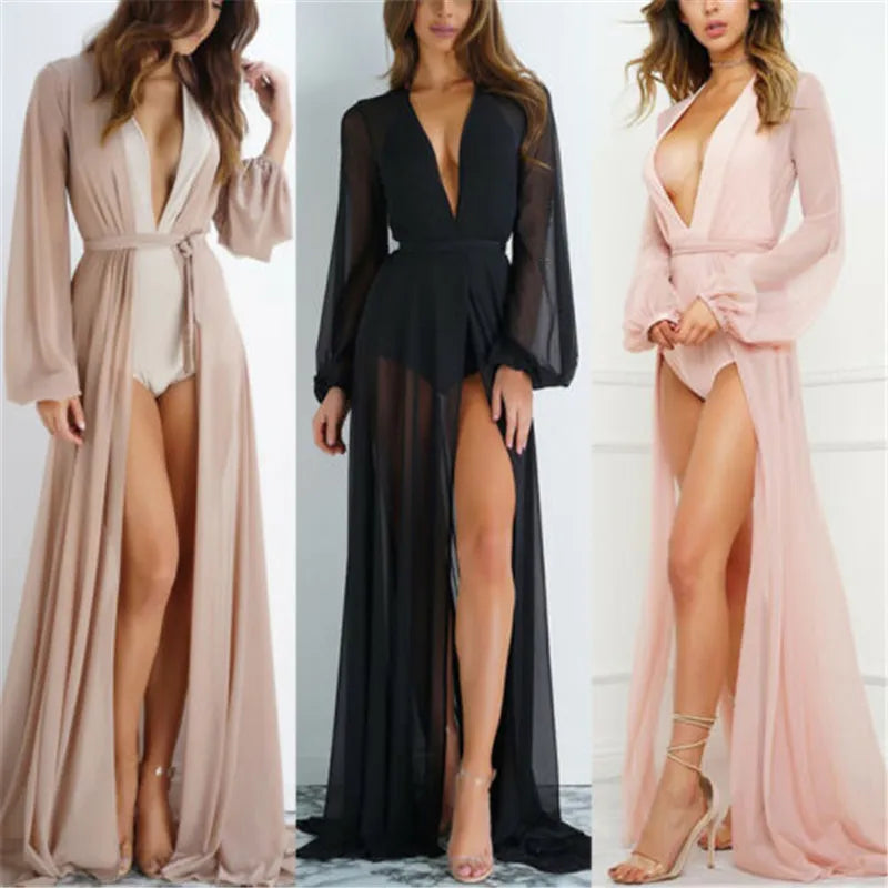 Summer New Hot Sale Women Chiffon See-Through Bikini Long Cover Up Swimsuit Swimwear Beach Dress Bathing Suit Cover-Ups