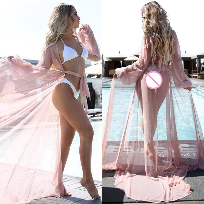 Summer New Hot Sale Women Chiffon See-Through Bikini Long Cover Up Swimsuit Swimwear Beach Dress Bathing Suit Cover-Ups