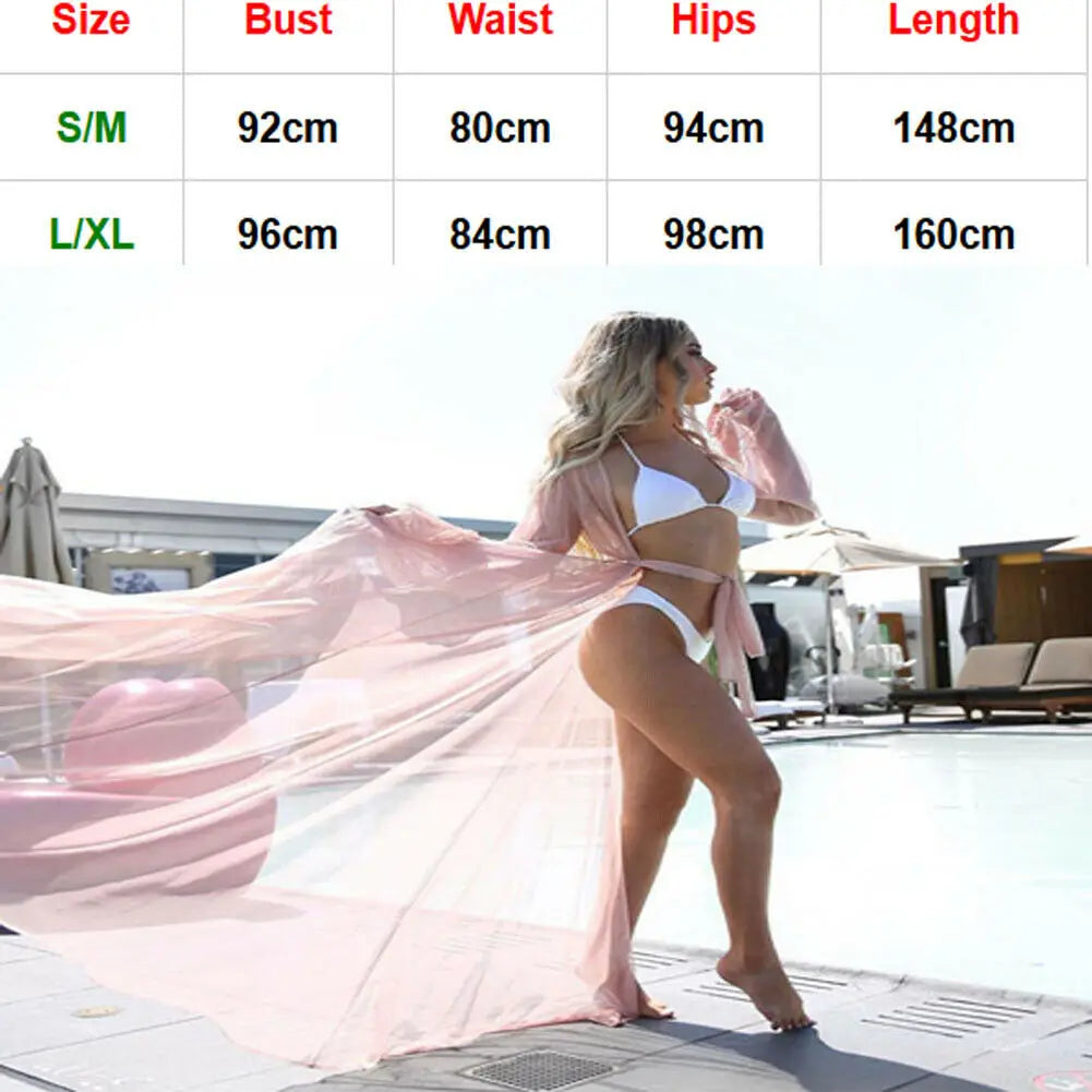 Summer New Hot Sale Women Chiffon See-Through Bikini Long Cover Up Swimsuit Swimwear Beach Dress Bathing Suit Cover-Ups