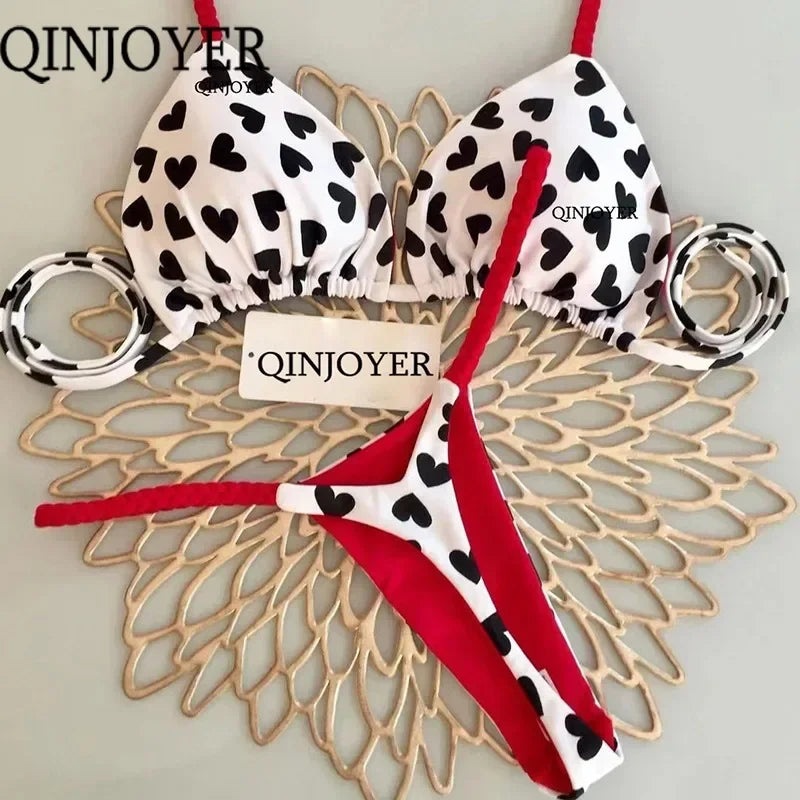 QINJOYER Swimwear Women Cute Heart Print Brazilian Bikini Set Thong Swimsuit Two Pieces Bathing Suit Women Beach Wear