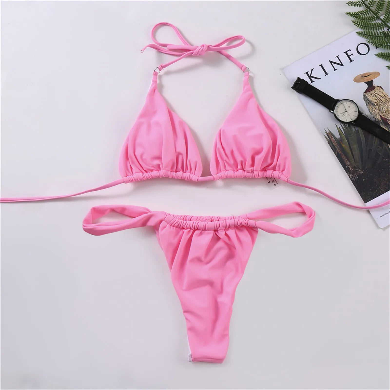 Pink Swimsuit Bikini Women Solid Color High Leg Thong Swimwear Bikinis New Female 2 Piece Bathing Suit Beachwear