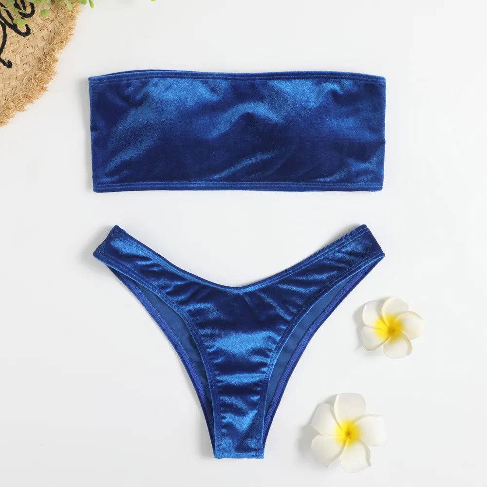 Velvet Bikinis Women Brazilian Bandeau Swimsuit Solid Swimwear Female Beachwear Bathers Bathing Swimming Swim Suit