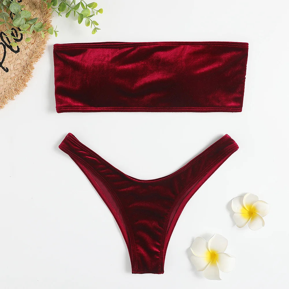 Velvet Bikinis Women Brazilian Bandeau Swimsuit Solid Swimwear Female Beachwear Bathers Bathing Swimming Swim Suit