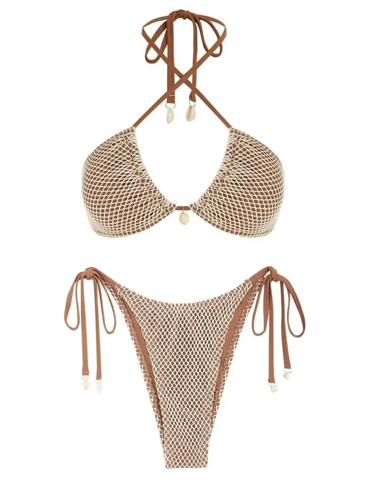 ZAFUL Women’s Swimsuit Swimwear Matching Multiway Contrast Fishnet Halter Bandeau Tie Side Tanga Two Piece Bikini Set