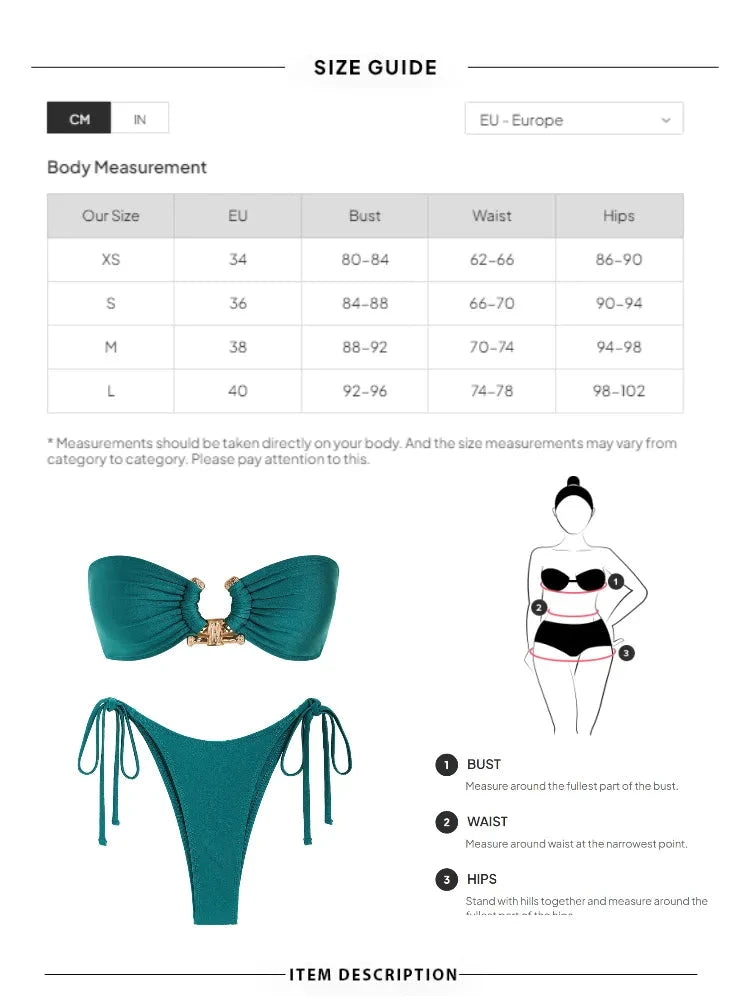 ZAFUL Solid O Ring Swimsuit For Women Tie Side Shiny Metal Hardware Ring Bandeau Bikini Swimwear Padded Bra Top Low