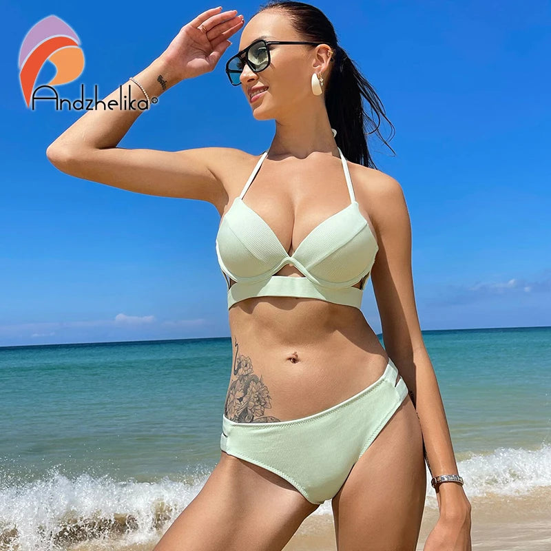 Andzhelika Solid Push Up Bikinis Women Bandage Bikini Sets Swimsuit Halter Two Pieces Beachwear 2022 Bathing Suit