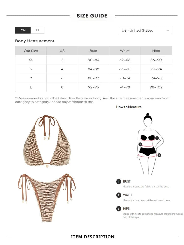 ZAFUL Women’s Swimsuit Swimwear Matching Multiway Contrast Fishnet Halter Bandeau Tie Side Tanga Two Piece Bikini Set