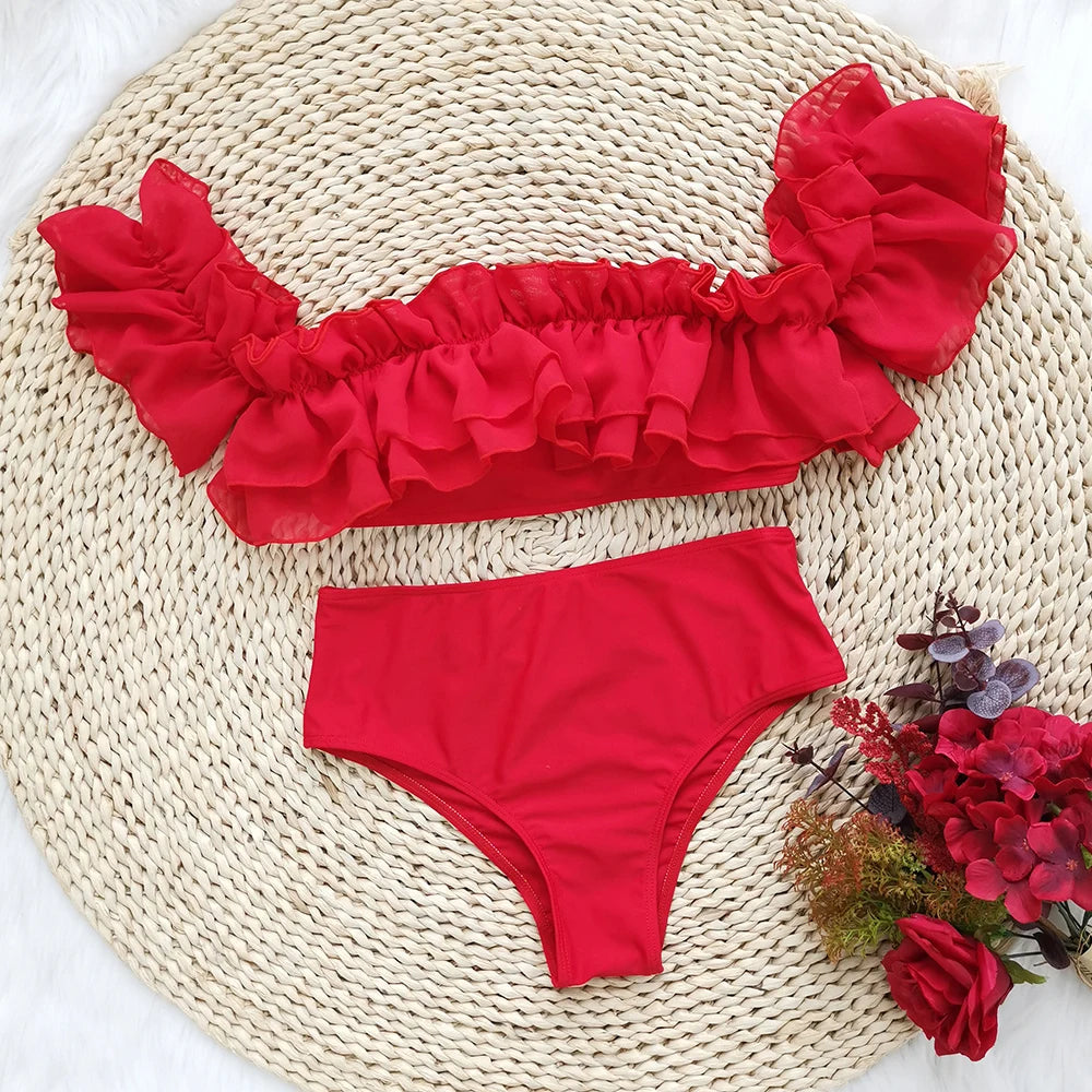 2024 Double Ruffle Bikinis Women Swimsuit Red High Waist Swimwear Off The Shoulder Bathing Suit Beachwear Bandeau